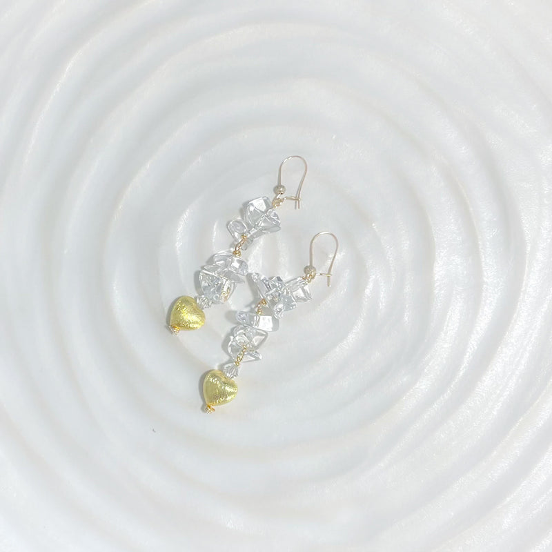Crystal quartz and gold heart long drop earrings
