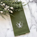 Stag with Holly Berries Linen Towel - Christmas: Evergreen (White)