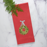 Boxwood Wreath Linen Towel - New Holiday/Christmas: White (Green/Red)