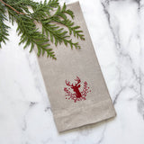 Stag with Holly Berries Linen Towel - Christmas: Evergreen (White)