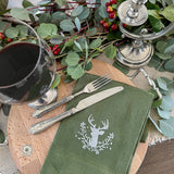 Stag with Holly Berries Linen Towel - Christmas: Evergreen (White)