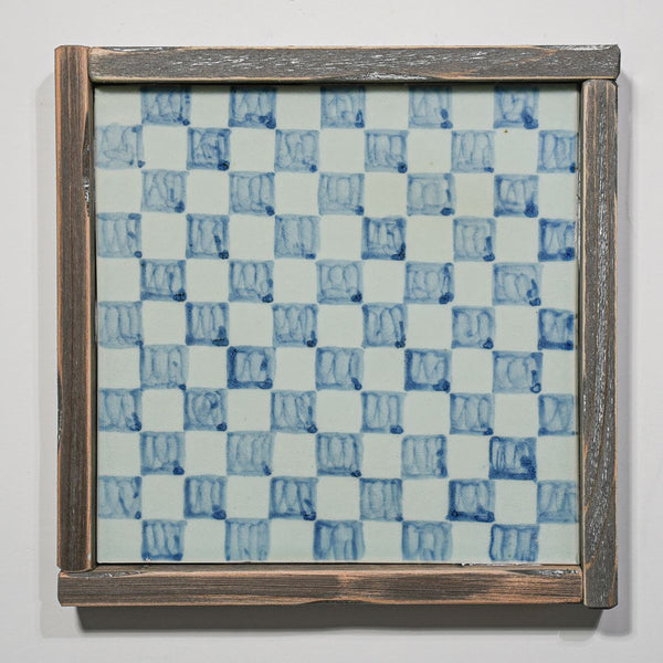 Hand Painted Blue & White Porcelain Tile Chess Board - Framed