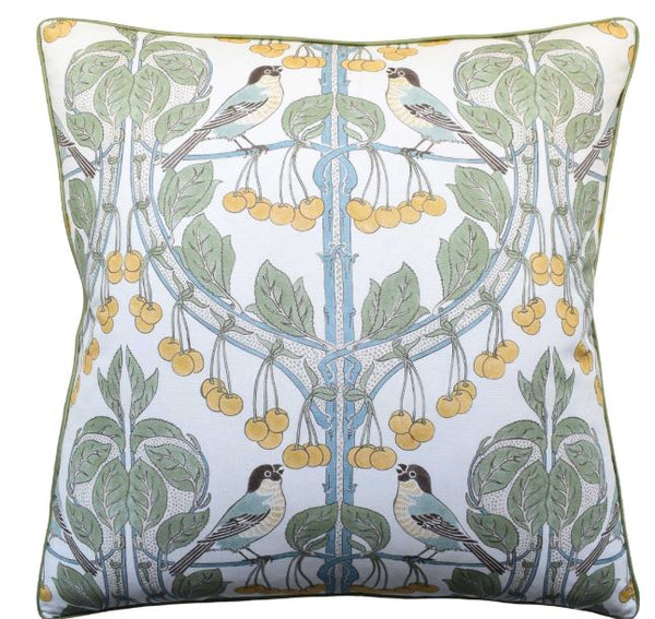 Birds and Cherries Pillow Aqua