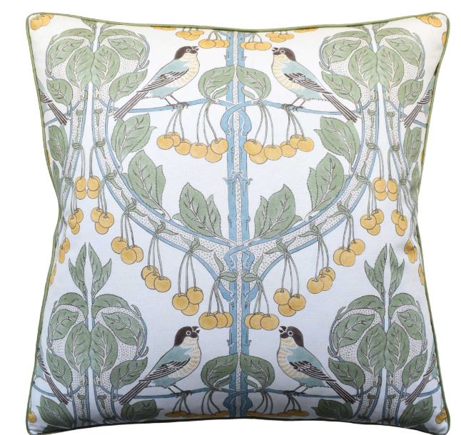 Birds and Cherries Pillow Aqua