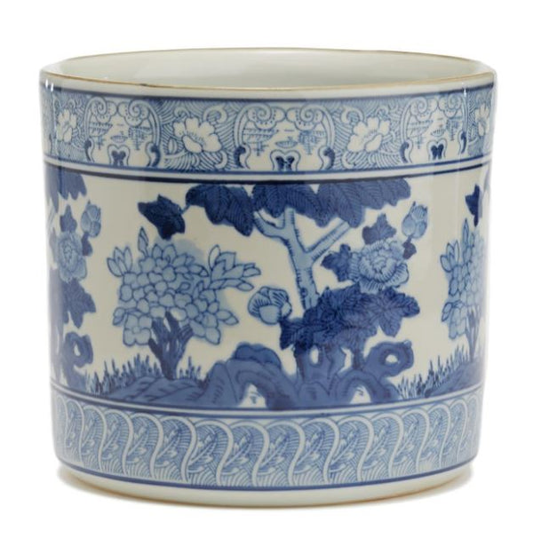 Blue and White Garden Scene Vase/Planter - Hand-Painted Porcelain