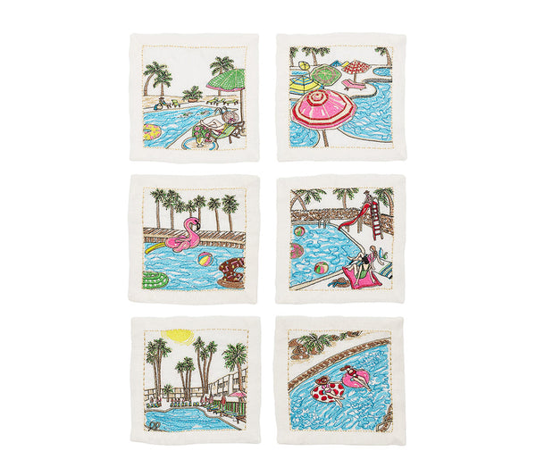 Pool Day Cocktail Napkins in White & Multi, Set of 6 in Gift Box