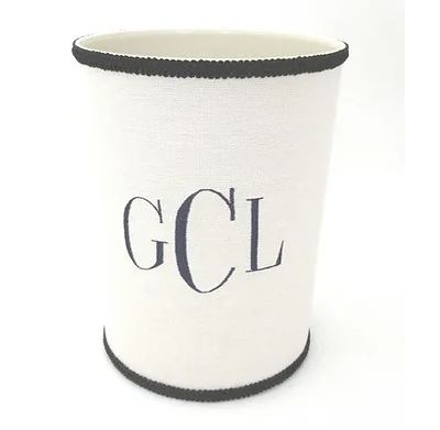 MONOGRAM STITCHED WASTEBASKET and TISSUE HOLDER