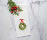 Boxwood Wreath Linen Towel - New Holiday/Christmas: White (Green/Red)