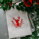 Stag with Holly Berries Linen Towel - Christmas: Evergreen (White)