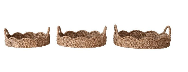 Decorative Braided Bankuan & Rattan Trays w/ Scalloped Edge & Handles 3 sizes