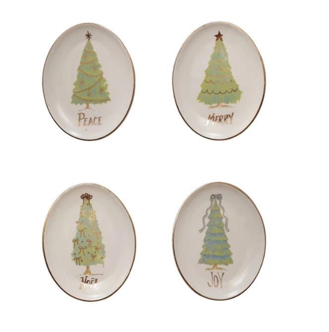 Oval Stoneware Dish with Christmas Tree, Word, 4 Styles