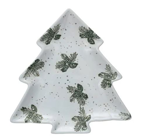 Stoneware Tree Shaped Plate w/ Gold Electroplating, White