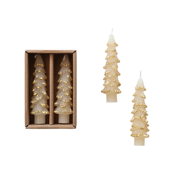 Unscented Tree Shaped Taper Candles w/ Gold Tips, Set of 2