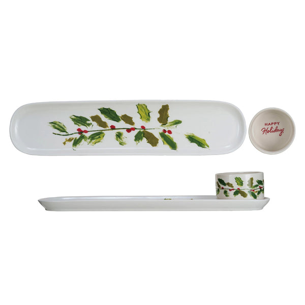 Stoneware Platter & Dish w/ Holly Leaves & Berries Set