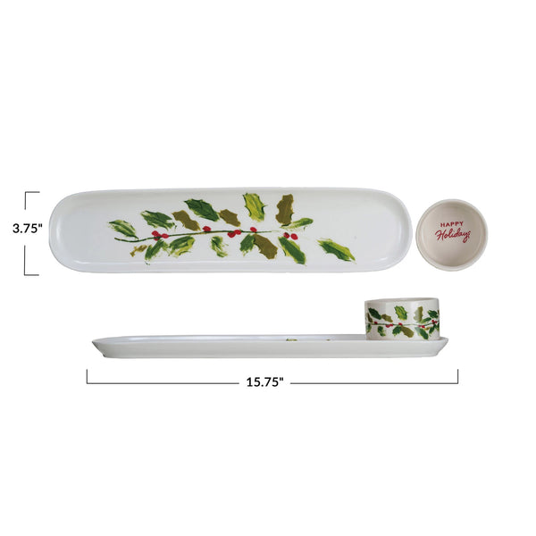 Stoneware Platter & Dish w/ Holly Leaves & Berries Set