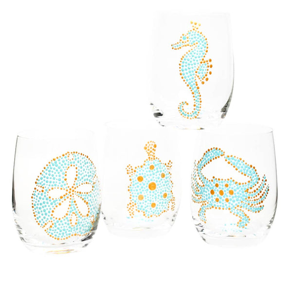 Sea Life Hand Painted Stemless Glasses, Pale Turquoise