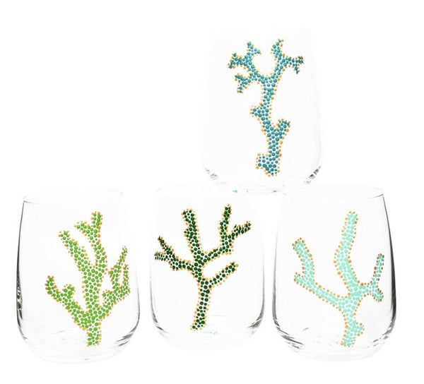 Sea Coral Stemless Hand Painted Wine Glasses S/4, Sea Green