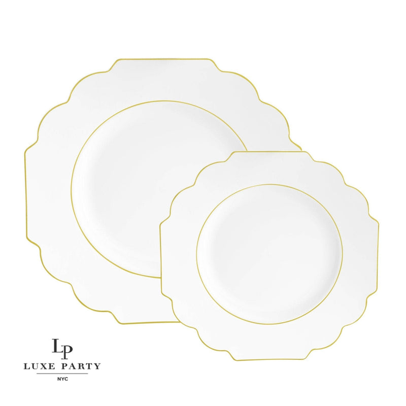 Scalloped White • Gold Plastic Plates | 10 Pack