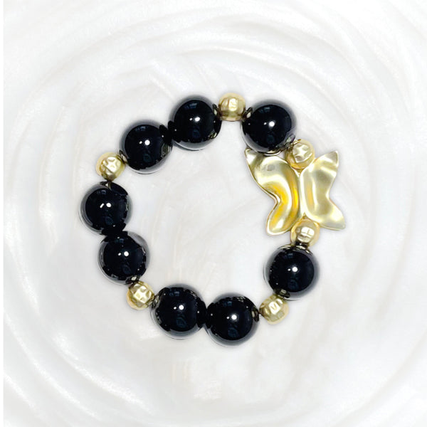 Black agate and gold butterfly bracelet