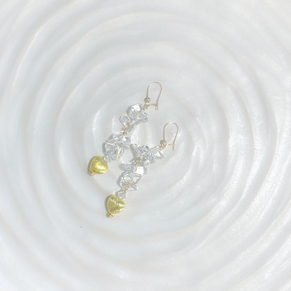 Crystal quartz and gold heart long drop earrings