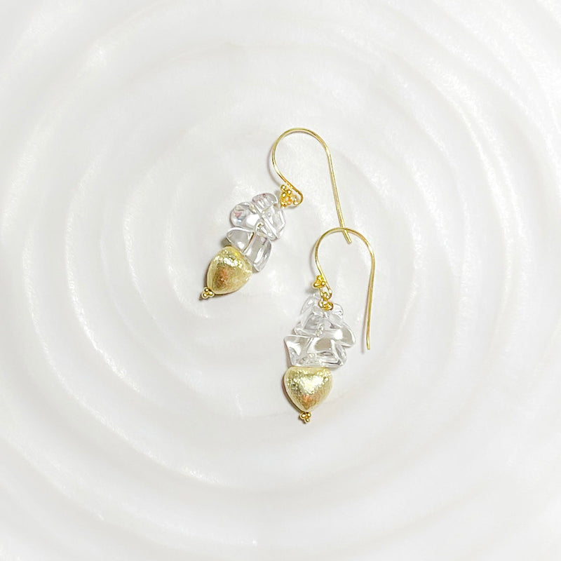 Crystal quartz and gold heart short drop earrings