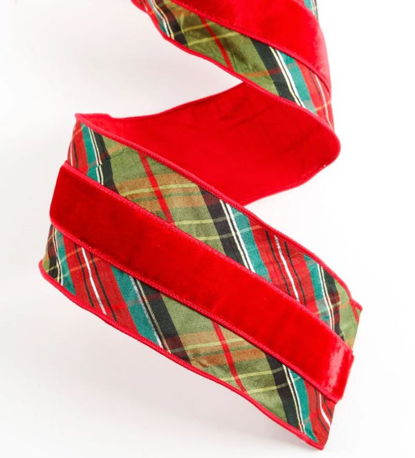 OLIVE RED PLAID CENTER VELVET TRIM