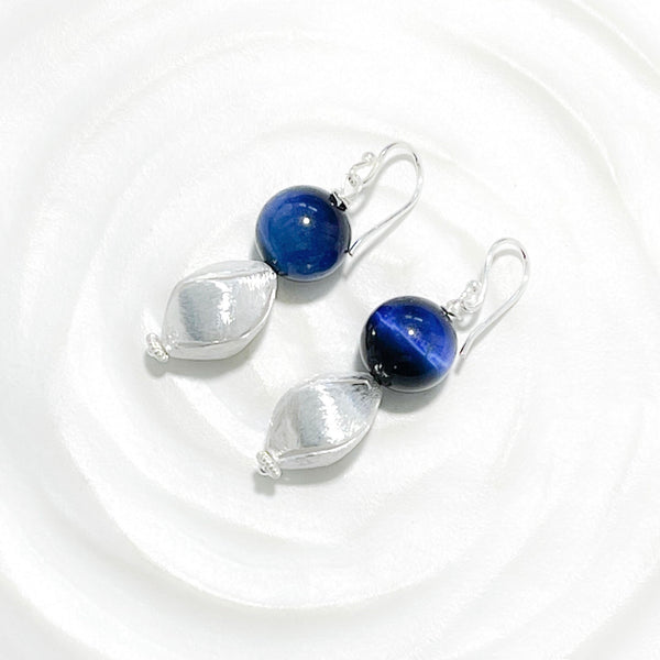 Lapis tigers eye and silver bud earrings