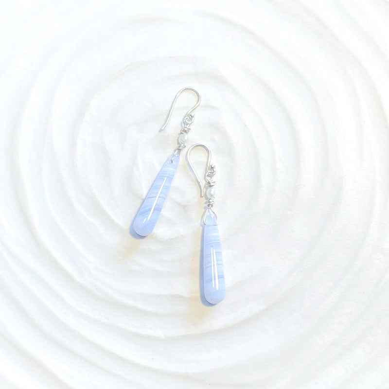 Long blue lace Jasper and Keisha pearl silver earrings