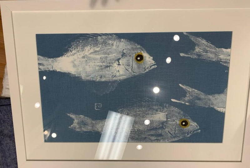 PAINTED FISH ON LINEN WHITE FRAME