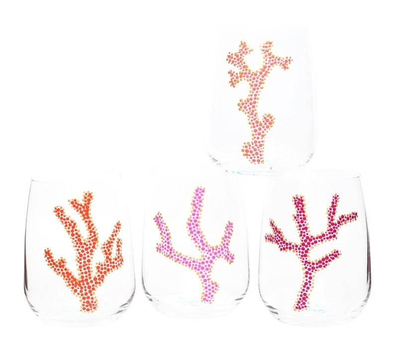 Sea Coral Stemless Hand Painted Wine Glasses S/4 Pink/Orange