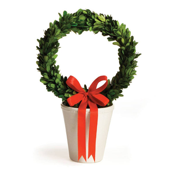Boxwood Wreath & Red Ribbon In White Pot Large